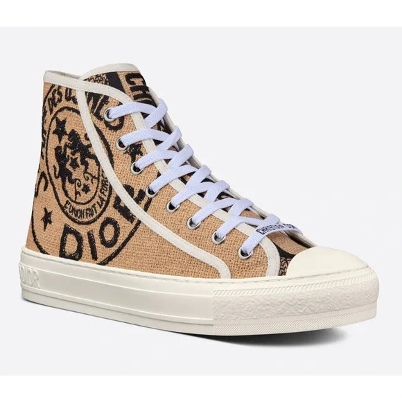 Dior Walk'n'dior Union Embroidered Beige Jute Lace Up Flat High Top Sneaker 39.5 - Picture 3 of 12